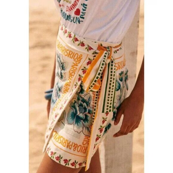 Tablecloth Print Wrap Side Knot Mini Skirt - Picture 3 of 5